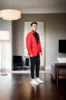 Ravishing Red Suit with Red Coat, Black Satin Lapel Collar, and Black Pants - Perfect for Formal Events & Weddings