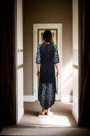 Black Lace Knee-Length High-Neck Western Gown with 3/4 Sleeves - Elegant Evening Wear