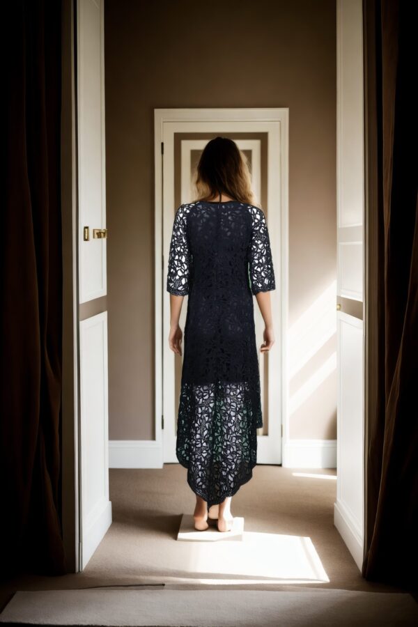 Black Lace Knee-Length High-Neck Western Gown with 3/4 Sleeves - Elegant Evening Wear - Image 3