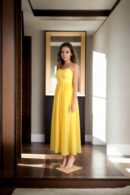 Yellow Georgette Strap Dress with Sweetheart Neckline and Drape Design - Elegant Evening Wear