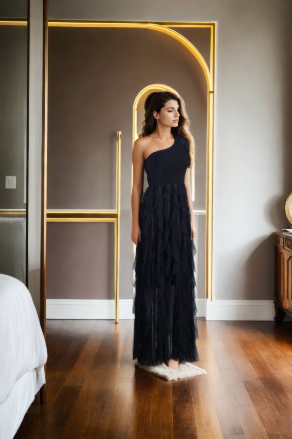 Black Net One-Shoulder Gown with Stretch Design, Ruffled Draped Detailing, and Front Slit - Elegant Evening Wear - Image 4