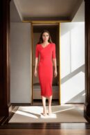 Red Stretchable Bodycon Dress with Half Sleeves and V-Neckline - Chic Evening Wear