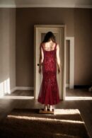 Maroon Net Strap Western Dress with Esquires Work, Sweetheart Neckline & Fish Cut Design - Elegant Evening Wear