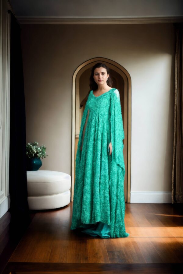 Caribbean Green Feathered Western Gown with V-Neckline and Full Long Designer Sleeves - Elegant Evening Wear - Image 4