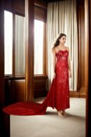 Red Georgette Western Gown with Full Sequin Work, Spaghetti Straps & High Slit - A-Line V-Neckline Floor-Length Prom Gown