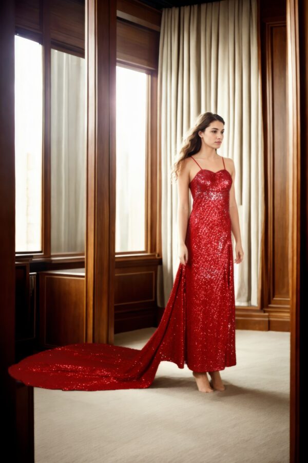Red Georgette Western Gown with Full Sequin Work, Spaghetti Straps & High Slit - A-Line V-Neckline Floor-Length Prom Gown - Image 2