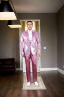 Pink Georgette Suit with Vertical Sequin & Self-Thread Work Design - Peak Lapel Collar, Full Sleeves & A-Line Pants