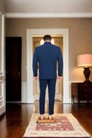 Luxurious Navy Blue Quilted Suit with Satin Shawl Collar, Patchwork & Bead Details, Full Sleeves & Formal Pants ? Perfect for Elegant & Upscale Occasions