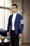 Men's Navy Blue Slim-Fit Suiting Blazer with Shawl Collar & White Vertical Line Details - Modern Elegance