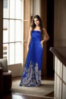 Luxurious Cobalt Blue Strapless Belted Gown with Machine Embroidery, Beads, and Side Zip Opening - Perfect for Formal & Evening Events