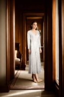 Elegant White Georgette Jumpsuit-Style Dress with Self-Thread Embroidery, Mirror Work & Sequin Detailing, V-Neckline & Full Sleeves