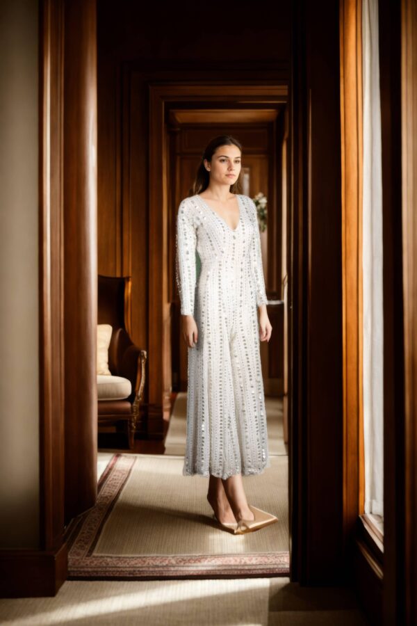 Elegant White Georgette Jumpsuit-Style Dress with Self-Thread Embroidery, Mirror Work & Sequin Detailing, V-Neckline & Full Sleeves - Image 2