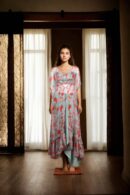 Elegant Celadon Green Georgette Indo-Western Set with Floral Print Crop Top, Sequin Lace Jacket & Dhoti Pants