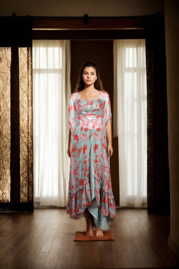Elegant Celadon Green Georgette Indo-Western Set with Floral Print Crop Top, Sequin Lace Jacket & Dhoti Pants