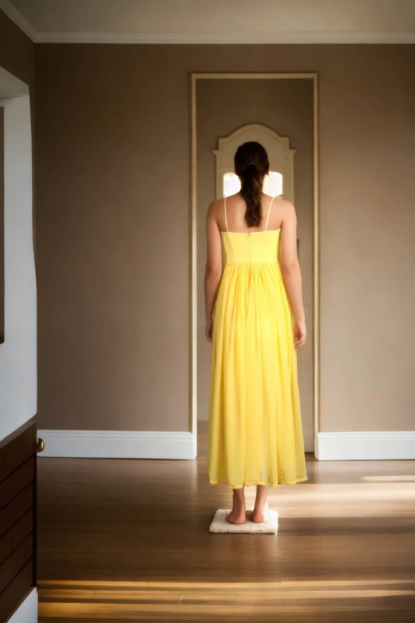Yellow Georgette Strap Dress with Sweetheart Neckline and Drape Design - Elegant Evening Wear - Image 3