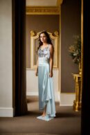 Chic Mint Cream Silk Indo-Western Crop Top with Abstract Sequin Work, Spaghetti Straps, V-Neckline & Silk Shine Dhoti