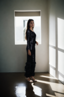 Black Sequin and Feather Detail Jumpsuit with V-Neckline - Glamorous Evening Wear for Special Events