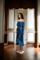 Dark Teal Green Velvet Off-Shoulder Faux Wrap Maxi Dress with Ruffle Design for Evening and Cocktail Parties