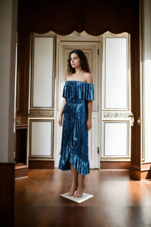Dark Teal Green Velvet Off-Shoulder Faux Wrap Maxi Dress with Ruffle Design for Evening and Cocktail Parties - Image 2