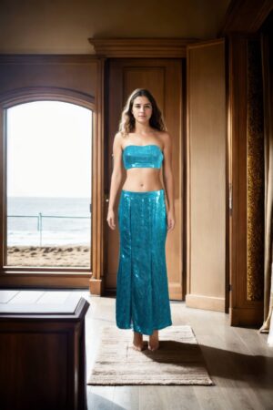 Stunning Teal Sequin Princess Cut Padded Tube Top with Back Knot Opening & Bodycon with Side Slit - Perfect for Glamorous Parties & Events