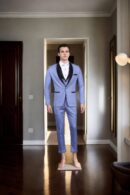 Sophisticated Satin Black Shawl Collar Blue Suit Set - Perfect for Weddings &- Formal Events