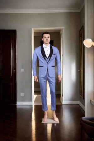 Sophisticated Satin Black Shawl Collar Blue Suit Set - Perfect for Weddings &- Formal Events