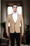 Mens Beige Self-Design Formal Blazer with Textured Fabric & Notched Lapel - Elegant Business & Occasion Wear