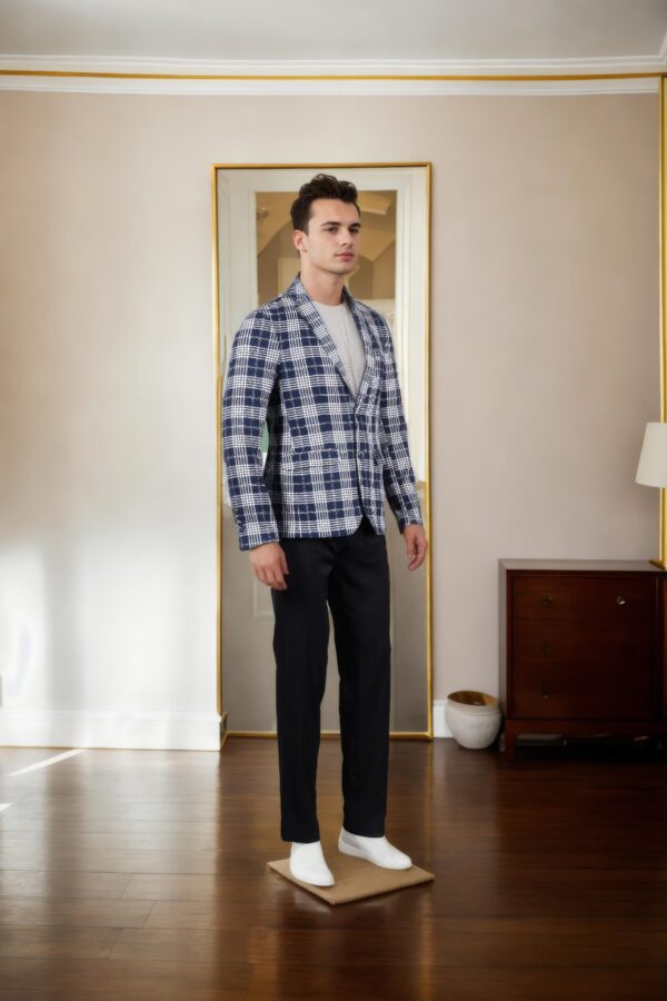 Insignia Blue Checkered Blazer for Men in Polyester-Viscose Blend, Notched Lapel, Single-Breasted Design, Button-Up Closure, and Two Pockets - Image 2
