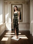 Luxurious Long Sleeveless Net Embroidered Gown with Princess Cut Padded Top, Overlapped Bottom, and Back Zip Opening - Perfect for Formal & Evening Events