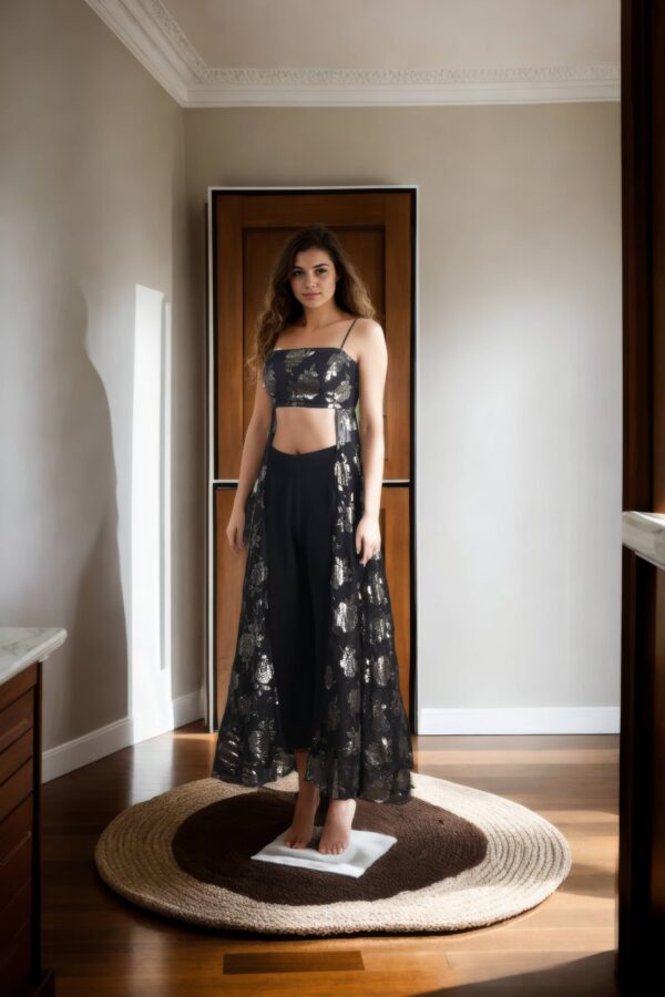 Black Tissue Indo-Western Full-Length Dress with Strap Tube Top & Armani Trousers - Chic Fusion Wear - Image 2