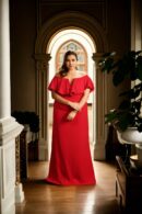 Elegant Red Suiting Fabric Gown with Off-Shoulder Design & Ruffle Detail for Special Occasions