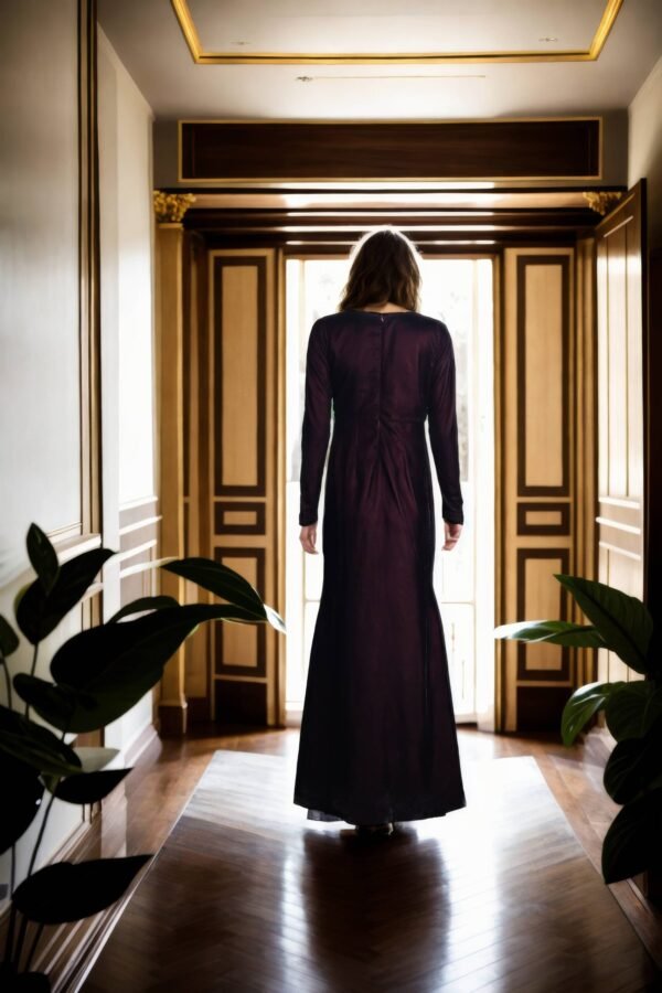 Dark Purple Velvet Western Dress with Pleated Details, V-Neck, Full Sleeves, and Long Length - Elegant Evening Dress - Image 3