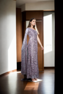 Baby Pink Sequin Net One-Shoulder Maxi Dress with Beaded Details & Designer Sleeves