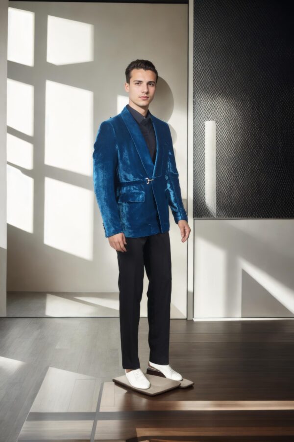 Luxurious Peacock Blue Velvet Blazer with Shawl Collar & Tailored Fit - Perfect for Formal & Evening Occasions - Image 4