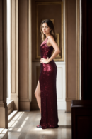 Burgundy Sleeveless V-Neck Full Sequin Dress with Thigh-High Split - Glamorous Evening Wear for Special Events