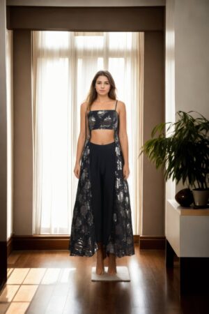 Black Tissue Indo-Western Full-Length Dress with Strap Tube Top & Armani Trousers - Chic Fusion Wear