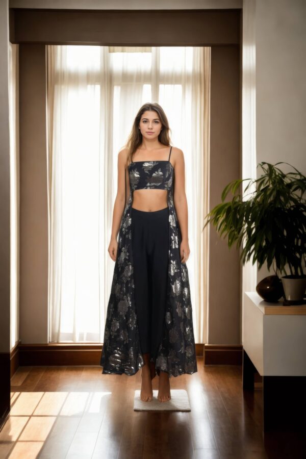 Black Tissue Indo-Western Full-Length Dress with Strap Tube Top & Armani Trousers - Chic Fusion Wear