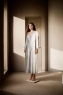 Elegant White Georgette Jumpsuit-Style Dress with Self-Thread Embroidery, Mirror Work & Sequin Detailing, V-Neckline & Full Sleeves
