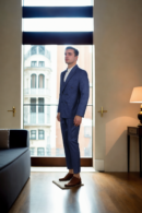Elegant Faded Navy Blue Suit with White Straight Line Accents - A Modern Statement for Formal & Casual Events
