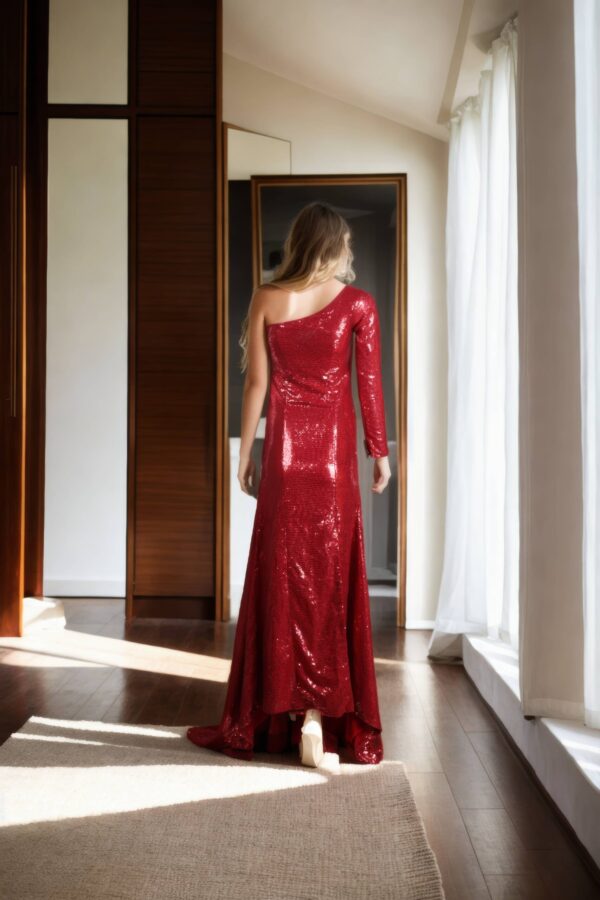 Red One-Shoulder Sequin Gown with Front Slit - Glamorous Evening Wear - Image 3