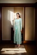 Stunning Spring Green Raw Silk Indo-Western Dhoti Set with Sequin Belt, Sleeveless Blouse & Embellished Long Jacket
