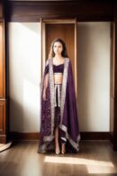 Elegant Wine Velvet Dhoti Skirt Set with Off-Shoulder Blouse & Dual Dupattas - Perfect for Weddings & Glamorous Events
