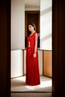 Elegant Red Net Gown with Sleeveless Blouse & Sequin Jacket Perfect for Parties Celebrations