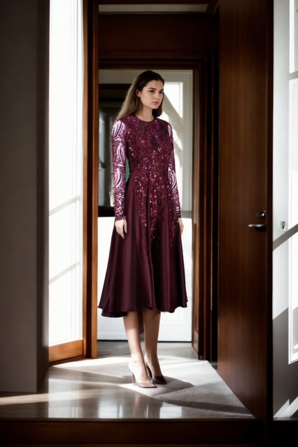 Wine Gown with Net and Sequin Embellishments - Glamorous Evening Wear for Special Occasions - Image 4