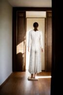 Elegant White Georgette Jumpsuit-Style Dress with Self-Thread Embroidery, Mirror Work & Sequin Detailing, V-Neckline & Full Sleeves