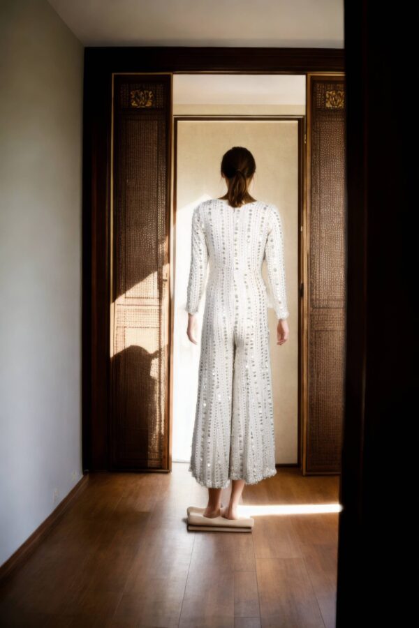 Elegant White Georgette Jumpsuit-Style Dress with Self-Thread Embroidery, Mirror Work & Sequin Detailing, V-Neckline & Full Sleeves - Image 3