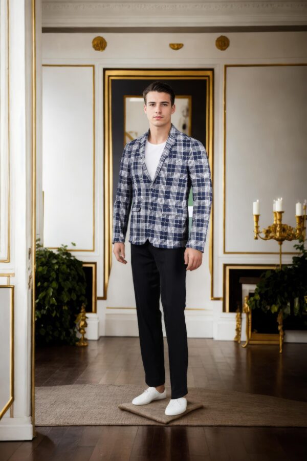 Insignia Blue Checkered Blazer for Men in Polyester-Viscose Blend, Notched Lapel, Single-Breasted Design, Button-Up Closure, and Two Pockets - Image 4