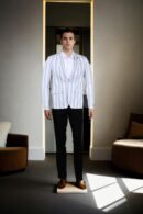 White Cotton Striped Slim-Fit Blazer with Notch Lapel Collar, Long Sleeves, and Blue Horizontal Line Welt Pocket Design