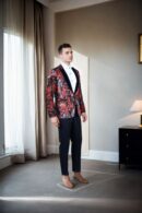 Brown Velvet Blazer with Maroon Flower Print - Perfect for Weddings & Formal Events