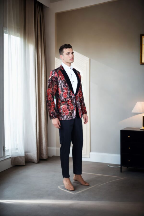 Brown Velvet Blazer with Maroon Flower Print - Perfect for Weddings & Formal Events - Image 4